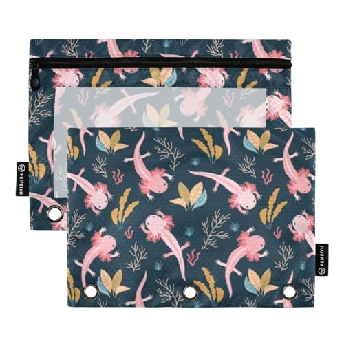 Axolotl Pencil Pouches for 3 Ring Binder2 Pack | Ring Binder Pencil Case With Zipper Reinforced GrommetsPencil Bags for Office Organizers - color: Axolotl