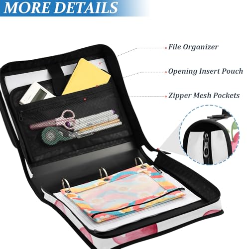 Pink Bow Cherry 3 Ring Zipper Binder Bag Binder Organizer with Handle Shoulder Strap for School Work Office Supplies - color: Pink Bow Cherry