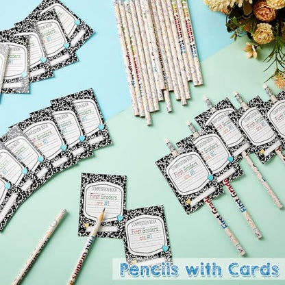 Tenceur 24 Set/48 Pcs Back to School 1st Graders Pencils and Cards Set, First Grade Motivational Wooden Pencil with Erasers, Composition Book Greeting Note for Student Classroom Reward Gift - style: 1st Graders