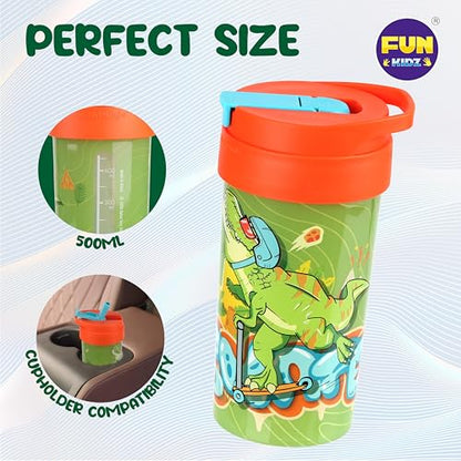 17oz Dinosaur Kids Water Bottle, Toddler Spout Cover and Carry Handle Lid Leak Proof BPA free Cup for Boys Ages 3+ Dishwasher Safe for Sports School Travel Plastic with Silicon Straw