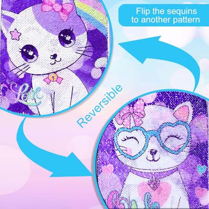 gxtvo 3PCS Girls Backpack, 16" Sequin Prechool Elementary Bookbag and Lunch Box - color: Sequins Girls Cat Backpack