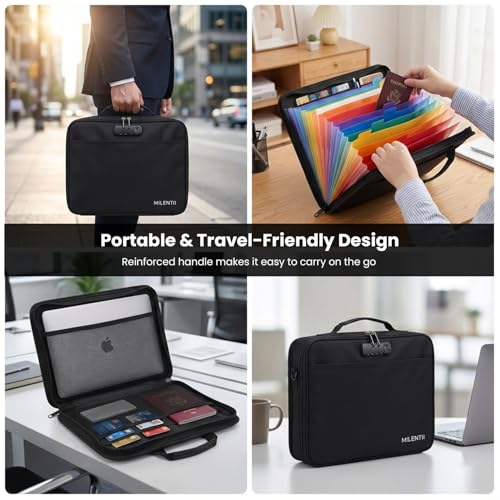 Fireproof Document Box with Lock, Hard Case File Organizer | Portable Document Briefcase with Accordion File Folder for Important Documents Passport Laptop Home Office & Travel Black