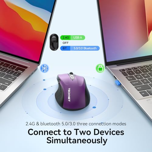 TECKNET Rechargeable Jiggler Wireless Mouse (BT5.0/3.0 & 2.4G) 4800 DPI Silent USB A & Bluetooth Mouse 6 Buttons, Wide Compatibility - Purple - color: Purple