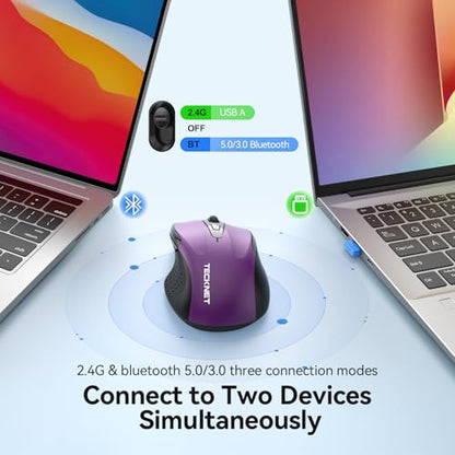 TECKNET Rechargeable Jiggler Wireless Mouse (BT5.0/3.0 & 2.4G) 4800 DPI Silent USB A & Bluetooth Mouse 6 Buttons, Wide Compatibility - Purple - color: Purple