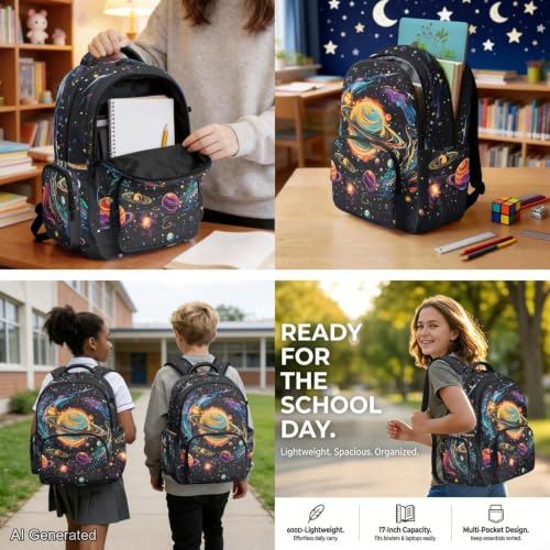 Cosmic Planet Backpack for Boys Girls Kids Backpack with Lunch Box Water Bottle Carrier and Cute Pencil Case 4PCS Set Bookbag with Front Pocket for School 17 inch Large School Bag Graduation - color: Cosmic Planet
