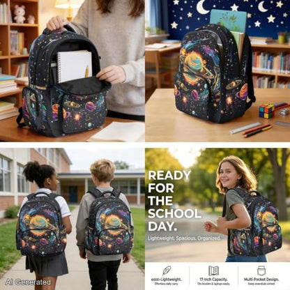 Cosmic Planet Backpack for Boys Girls Kids Backpack with Lunch Box Water Bottle Carrier and Cute Pencil Case 4PCS Set Bookbag with Front Pocket for School 17 inch Large School Bag Graduation - color: Cosmic Planet