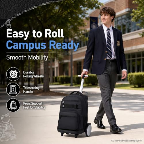3Pcs Large Rolling Backpack for Teen Boys Men, 20 Inch Detachable Wheeled Bookbag with Lunch Box, Durable Oxford Cloth Roller Backpack for College School Travel (Black) - color: Large Wheels Classic Black