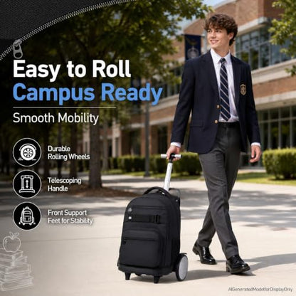 3Pcs Large Rolling Backpack for Teen Boys Men, 20 Inch Detachable Wheeled Bookbag with Lunch Box, Durable Oxford Cloth Roller Backpack for College School Travel (Black) - color: Large Wheels Classic Black