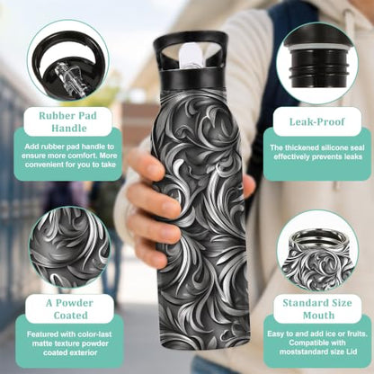 Black Vines Insulated Water Bottle with Straw 20 oz,Silver Foil Stainless Steel Leak Resistant Double Wall Water Bottles with Handle for Gym Sports Travel Outdoor - color: Black Vines,Silver Foil