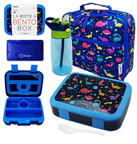 Bento Lunch Box with Bag, Water Bottle & Ice Pack Set for Kids Toddlers, 4 Portion Sections, Removable Tray, Pre-School Boy Toddler Daycare Lunches, Insulated Snack Container, Blue Space Dinosaur - color: Blue Rocket Dinosaur Set