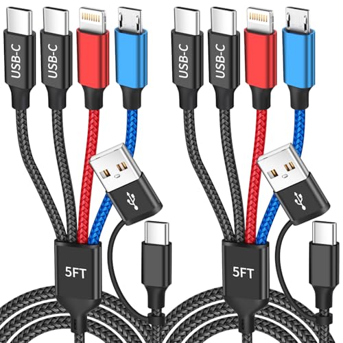 Dual Type-C Ports 4 in 2 Multi Charging Cable, Travel Cruise Essentials USBA/C Charging Cords for Multiple Devices, Phone Charger Cord for iPhone17-12/Androids/Pad and More, Car Charger(2Pcs, 5FT) - color: Multicolored, size: 2Pack 5FT