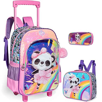 Panda Rolling Backpack for Girls with Lunch Box Kids Backpack with Wheels for School Sequin Trolley Trip Luggage Rolling Bookbag for Kindergarten Girls Elementary - color: Pink Panda-3pcs