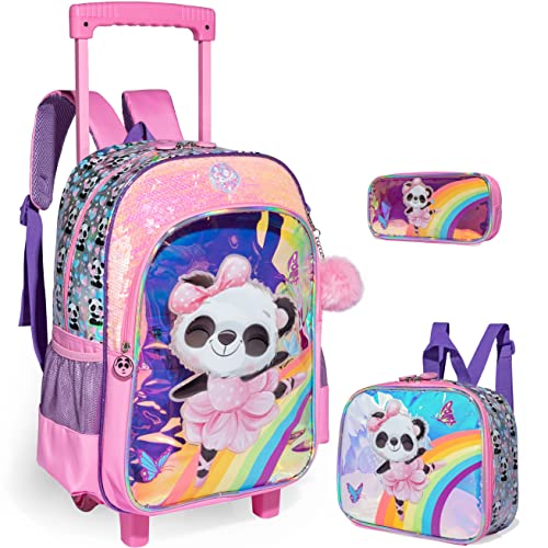 Panda Rolling Backpack for Girls with Lunch Box Kids Backpack with Wheels for School Sequin Trolley Trip Luggage Rolling Bookbag for Kindergarten Girls Elementary - color: Pink Panda-3pcs