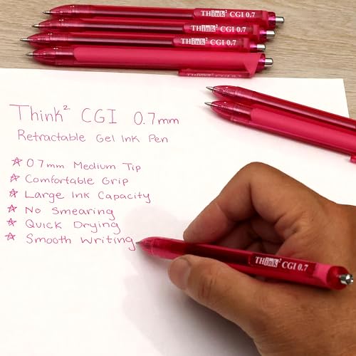 [24 Pens - Pink Ink] Think2 0.7mm CGI Retractable Gel Pens. (24 Pink) Medium Point Rollerball Pens with Smooth Quick Drying Ink. - color: Pink