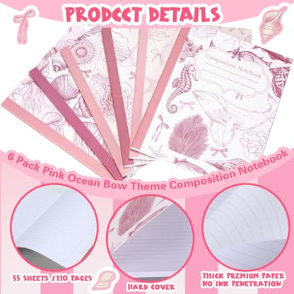 AmazingSpark Pink 6 Pack Composition Notebooks College Ruled Bulk Retro Sea Bow Blue Pink Composition Notebook for Back to School 110 Page 7-1/2"x9-3/4 Jellyfish Journal for First Day of School - color: Pink
