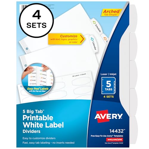 Avery Big Tab Printable White Label Dividers with Easy Peel, 5 Tabs, 4 Sets (14432) - size: One Size, style: 4 Sets