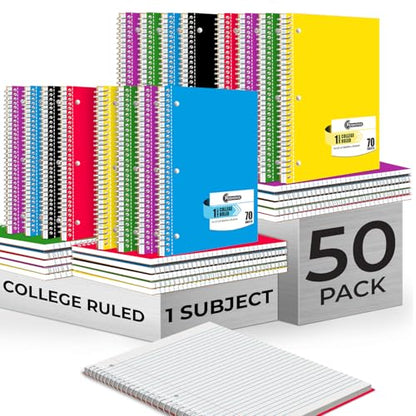 Rosmonde 50 Pack, 1 Subject Spiral Notebook College Ruled Bulk, 140 Pages (70 Sheets), Thick No-Bleed Paper, 8 x 10-1/2", 3 Hole Punched, College Ruled Notebook 1 Subject Bulk, Subject Notebook - size: 50 Bulk Value Pack, style: 1 Subject - Soft Cover