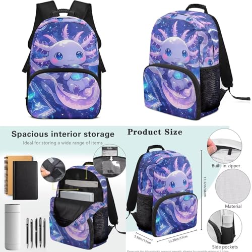 Elementary School Backpack with Insulated Lunch Box, Pencil Case & Water Bottle Holder - 17 Inch Axolotl Crystal Ball Print Bookbag Set for Kids, Child Back to School Supplies - color: Axolotl Crystal Ball