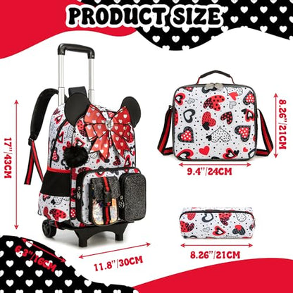 Meetbelify Girls Rolling Backpack with Wheels Kids Wheels Backpack for Girls - color: Bowknot Red