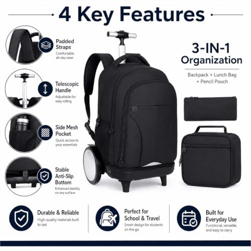 gxtvo Large Wheels & Quiet Glide | Rolling Backpack for Men & Women - Water-Resistant Wheeled Bag with Lunch Box for Office, Travel & College - Black - color: Rolling Backpack Reflective Black
