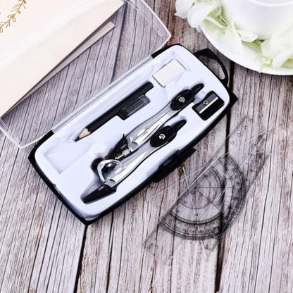 10 in 1 Metal Geometry Drawing Kit with 2 Compasses, Triangle and Straight Rulers, Protractor, Eraser, Sharpener, and Pencil for Students and Teachers, Practical Design