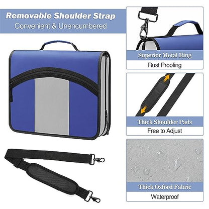 MoKo Zipper Binder with Strap, 3 Inch 3 O Ring, 600 Sheets, Blue & Gray | Water-repellent nylon with 2 folders, 2 mesh pockets and a outer pockets, reinforced handle and adjustable shoulder strap. - color: Blue
