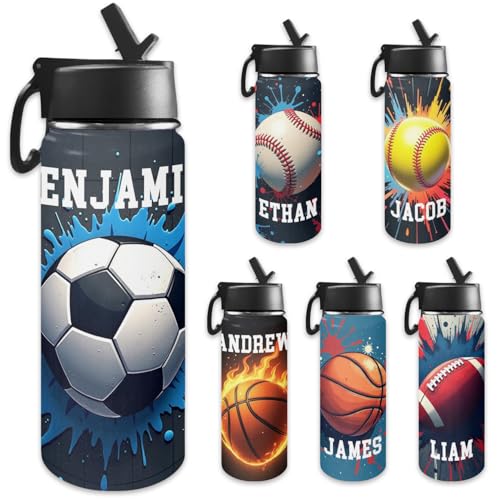 Personalized Water Bottles for Kids for School, Customized Sport Stainless Steel Sports Water Bottle for Boys Students Teens, Back to School Birthday Gifts, Basketball Soccer Baseball18 oz - color: # design 05-sport 2