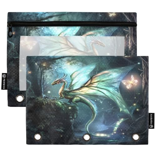 Studying 2 Pack Magic Forest Green Dragon Butterfly 3 Ring Binder Pencil Pouch Bags,Clear Window Zipper Storage Case for Boys Girls School Office Supplies Cosmetics Organizers - color: Multi-dragon