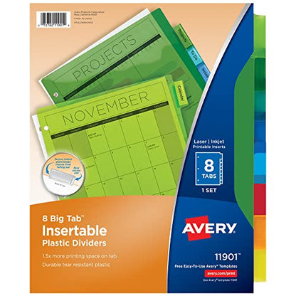 Avery Dividers for 3 Ring Binders, 8-Tab Plastic Binder Dividers Insertable Big Tabs, Multicolor, 1 Set (11901) - size: 0