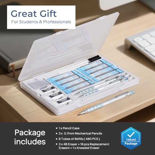 Nicpro Blocky Gear Mechanical Pencils 0.7 mm with Case, 3 Pack Drafting Pencil with 8 Tube (480PCS) Lead Refills(HB 2B), 4 Erasers, 18 Eraser Refills for Art Writing, Sketching Drawing - style: 0.7mm