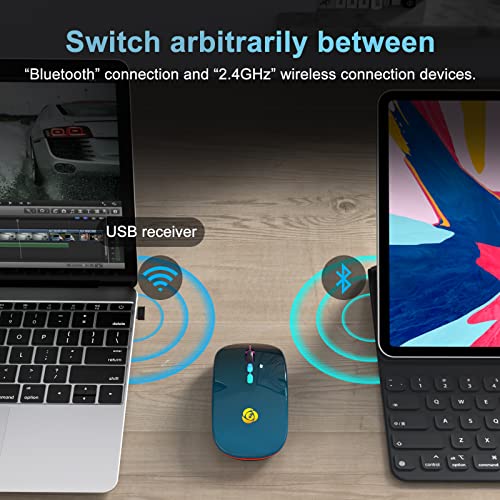 LED Wireless Mouse, Bluetooth Mouse &2.4GHz Instant Connection,Rechargeable Ultra Silent Slim,3 DPI 2 Connection Modes with USB-C to USB Adapter for Laptop/MacBook/PC/Tablet/iPad (Black-blue) | Bluetooth mouse with 2.4GHz USB receiver, silent slim design,