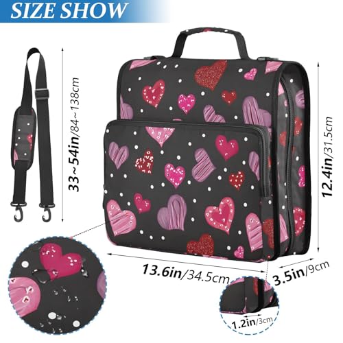 3 Ring Zipper Binder Red Pink Love Heart Binders Bag with Shoulder Strap 500 Sheets Paper Organizer Trapper Keeper Documents Storage File Folder for School Office - color: A2808