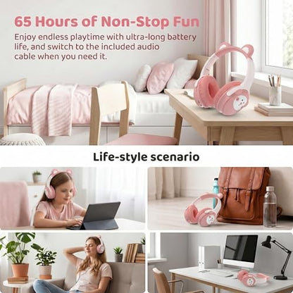 [65H Playtime] Cute Animal Ear Kids Bluetooth Headphones for Girls Women, Wireless Headphones with Microphone, Foldable Over-Ear Headset for School Travel, Pink - color: Pink