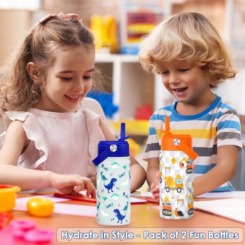 SANDJEST Kid Water Bottle 12oz with Straw Lid - 2-Pack Insulated Stainless Steel Water Bottles for Kids Girls - Travel Cup for School Sports, Construction & Dinosaur - color: Dinosaur + Construction (2 Pack)