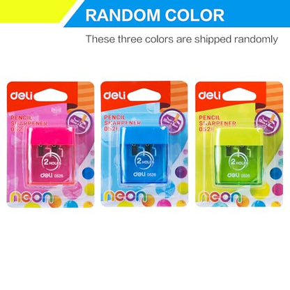Deli Pencil Sharpener, Manual Pencil Sharpeners, Dual Holes with Lid, Random Color