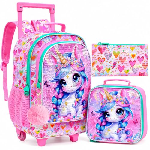 CCJPX 18" Unicorn Rolling Backpack for Girls, 3Pcs Kids Wheeled Bookbag with Lunch Box, Lightweight Roller School Bag for Elementary Preschool (Pink) - color: Braids Unicorn Pink