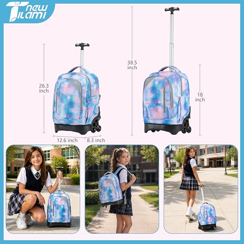 NEW TILAMI 18-Inch 6-Wheel Rolling Backpack for Kids, Purple Star | Lightweight Wear-Resistant Adjustable Shoulder Straps, Padded Back Support Top Handle School Travel - color: Purple Star