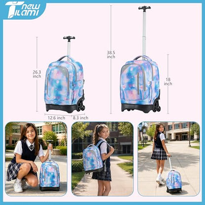 NEW TILAMI 18-Inch 6-Wheel Rolling Backpack for Kids, Purple Star | Lightweight Wear-Resistant Adjustable Shoulder Straps, Padded Back Support Top Handle School Travel - color: Purple Star