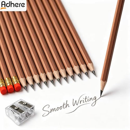 Adhere 25pcs Woodcase Pencils with Eraser Premium Pre-Sharpened Hexagon Graphite 2B pencils ideal for home, office writing including a Free Sharpener (Brown・25pcs) - color: Brown・25pcs