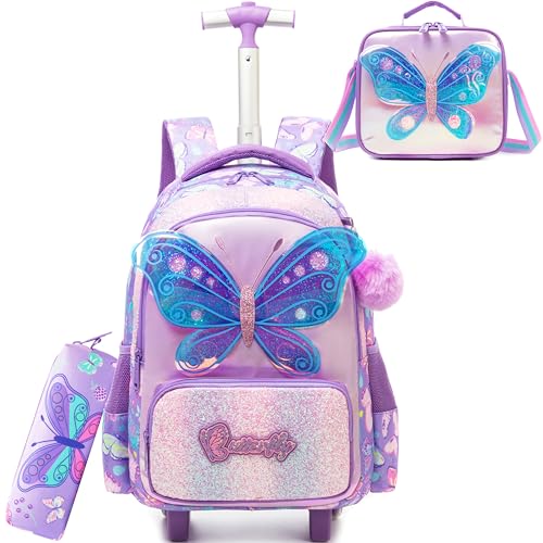 Girls Rolling Backpack with Wheels for Kids 3D Butterfly School Roller Backpack,Carry on Travel Luggage with Lunch Bag and Pencil Case for Girls Ages 5-12 - color: 01 Butterfly