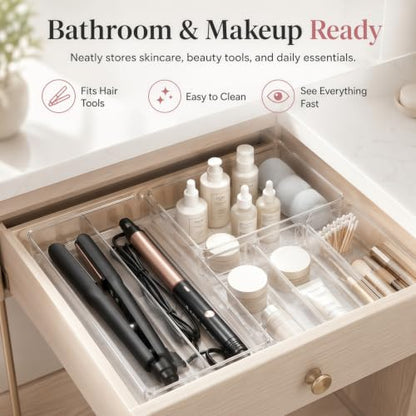 12 Pack Large Drawer Organizer Bins - Clear Plastic Bathroom Drawer Organizer Trays - Heavy Duty Kitchen Drawer Dividers for Utensils - Non-Slip Storage Bins for Makeup, Bedroom, Office Desk - size: 12 Pack