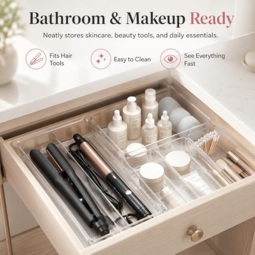 8 Pack Large Clear Plastic Drawer Organizer Bins - Acrylic Bathroom Drawer Organizer Trays - Heavy Duty Kitchen Drawer Dividers for Utensils - Non-Slip Storage Bins for Makeup, Bedroom, Office Desk - size: 8 Pack