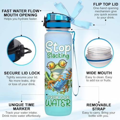 Funny Frog Water Bottle 32oz – Stop Slacking Drink Your Water Motivational Time Marker Bottle, Cute Frog Meme Gift for Animal Lovers, Daily Hydration Tracker - color: Frog
