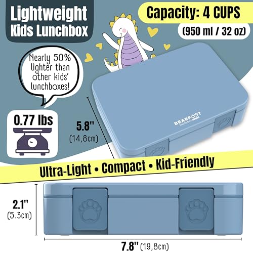BEARFOOT Kids Lunch Box with Compartments – Compact & Lightweight | Leak-Proof, BPA-Free, Dishwasher Safe | Hand-Drawn Design for Preschool, School, Travel (Blue, 4 Cups) - color: Blue, size: 4 Cups