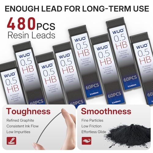 WUO 0.5mm Mechanical Pencil Set, 3 Silver Metal Drafting Pencils with 480 HB Lead Refills, Precision Eraser Pen, 4B Erasers & Case, Mechanical Pencils for Writing, Drawing, Sketching & School - color: Silver, size: 0.5