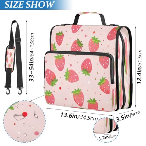 Cartoon Strawberry 3 Ring Binder,Capacity & Multi-Pockets Zipper Binder Bag Organizer with Shoulder Strap & Handle School Office Supplies