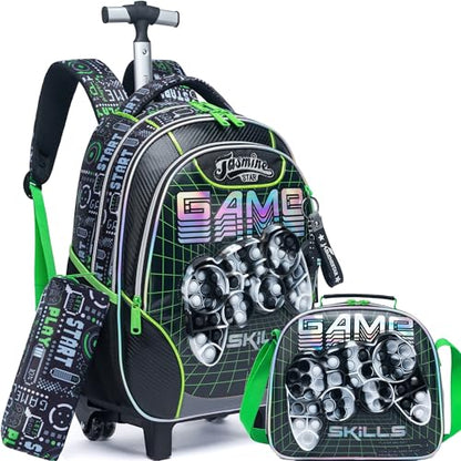 Meetbelify Rolling Backpack with Wheels for Boys Rolling Backpacks with Lunch Box for Elementary School Students Kids 3 in 1 Travel Luggage Carry on Suitcase for Boys Age 8-10 - color: 02 Green Game