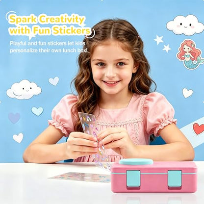 Bento Box for Kids, Leakproof Kids Bento Lunch Box Container with 8oz Insulated Thermo Food Jar, Sauce Jar, Utensil, DIY Stickers for School Boys Girls, 3-4 Compartments, BPA-Free - color: Rose Pink