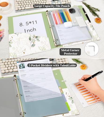 3 Ring 1 Inch Binder Organizer, KLLVE Three Ring Binders with Clipboard, 5 Pocket Divider with tabs, Folder, 18 Divider Stikers, Pen Loop (Leaves, Letter Size) - color: Leaves, size: 1in（Letter Size）