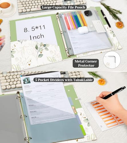 3 Ring 1 Inch Binder Organizer, KLLVE Three Ring Binders with Clipboard, 5 Pocket Divider with tabs, Folder, 18 Divider Stikers, Pen Loop (Leaves, Letter Size) - color: Leaves, size: 1in（Letter Size）